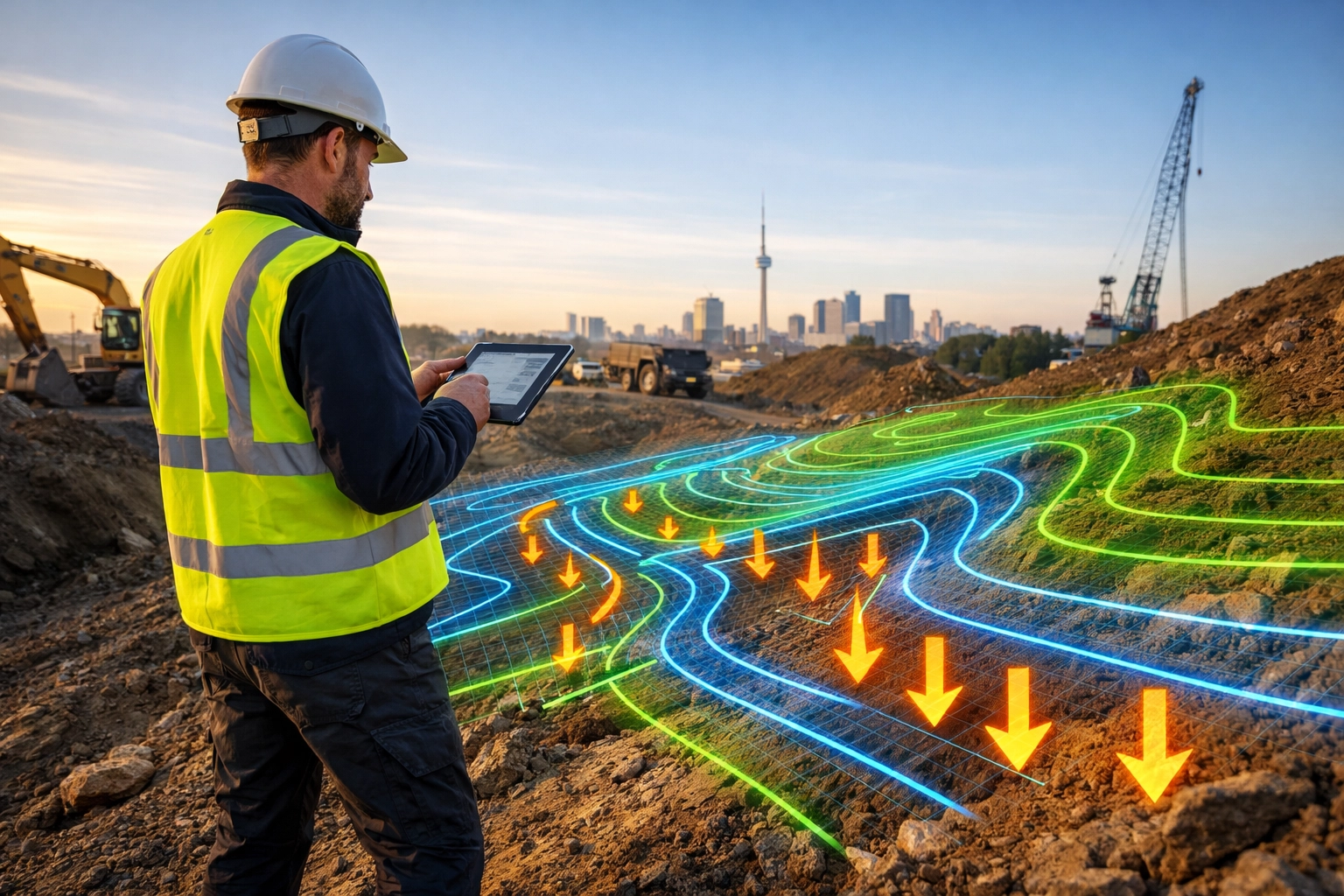 Civil engineer reviewing a site grading plan with digital contour overlays on an Ontario construction site.