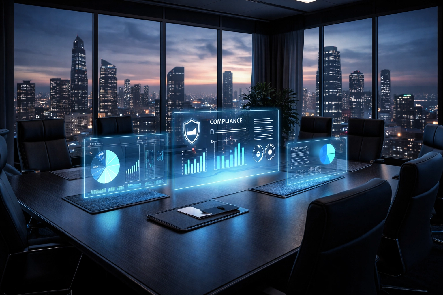 Modern boardroom with holographic dashboards, representing institutional decision-making in digital asset and real estate management