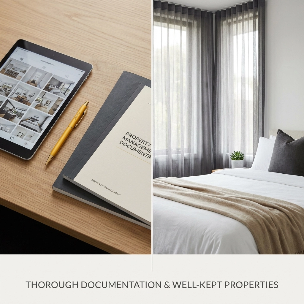 Desk with property reports alongside a well-kept rental, illustrating thorough inventory procedures.