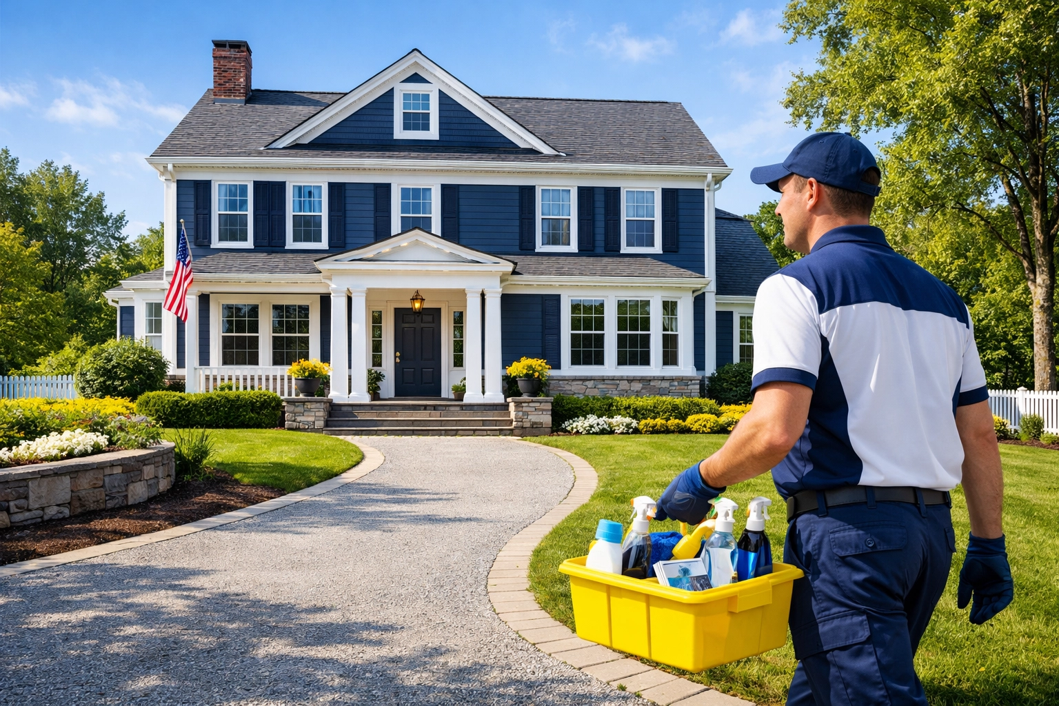 Professional cleaners Harvard MA arriving at a beautiful colonial home for a scheduled house cleaning service.
