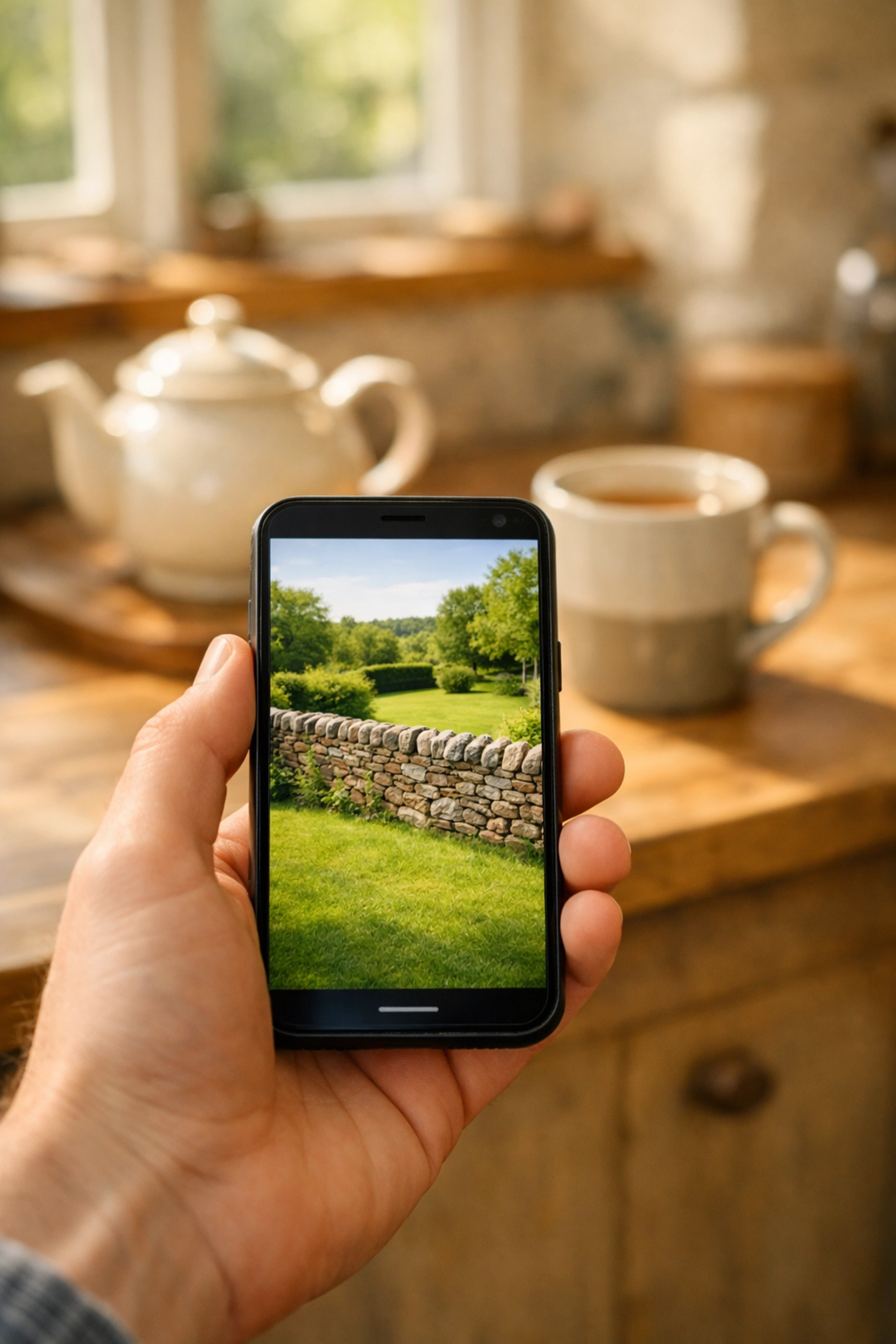Homeowner using a smartphone app to view a live CCTV garden feed from a Somerset kitchen.