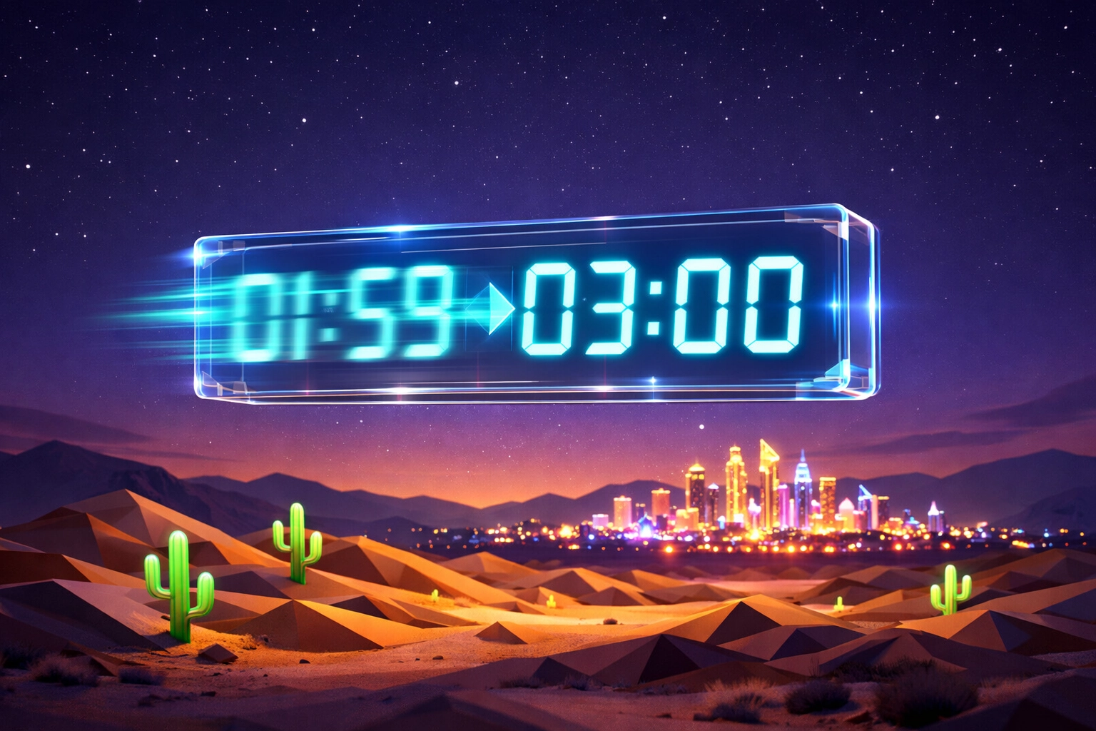 Digital clock springing forward over the Las Vegas skyline, representing the daylight saving time shift.