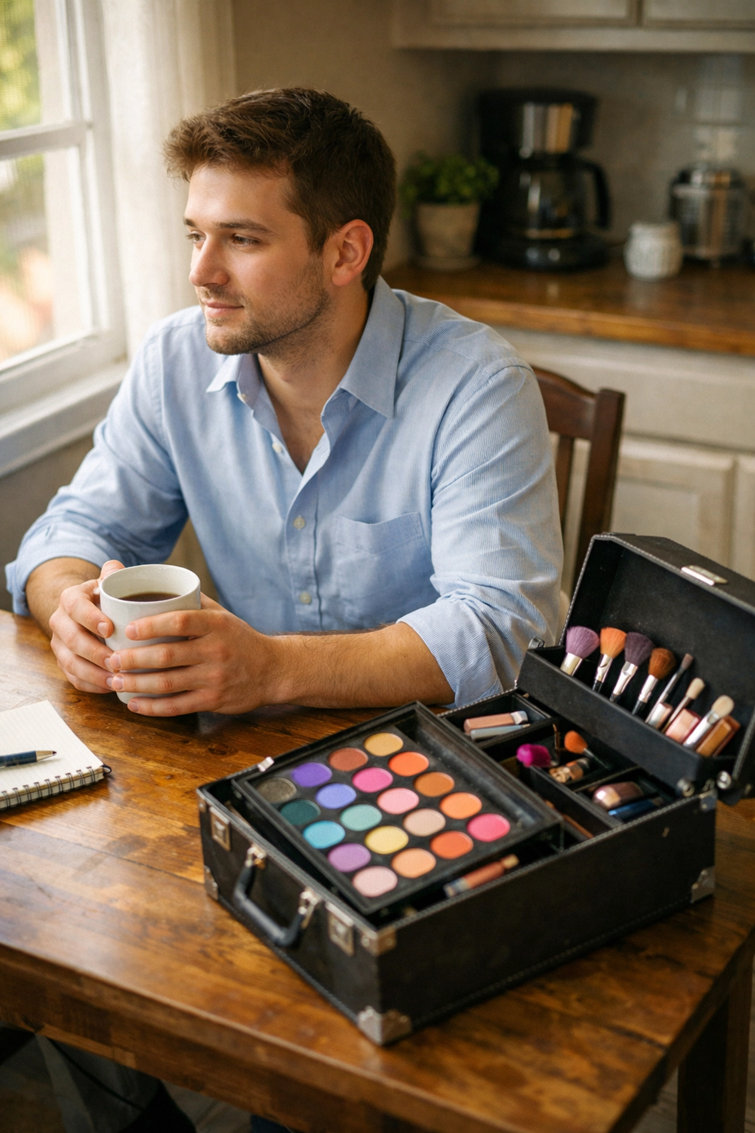 Drag performer balancing everyday life with coffee and makeup at home