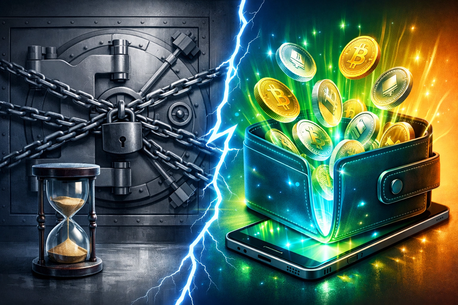 Self-custody wallet vs custodial payment platform showing instant access to crypto funds