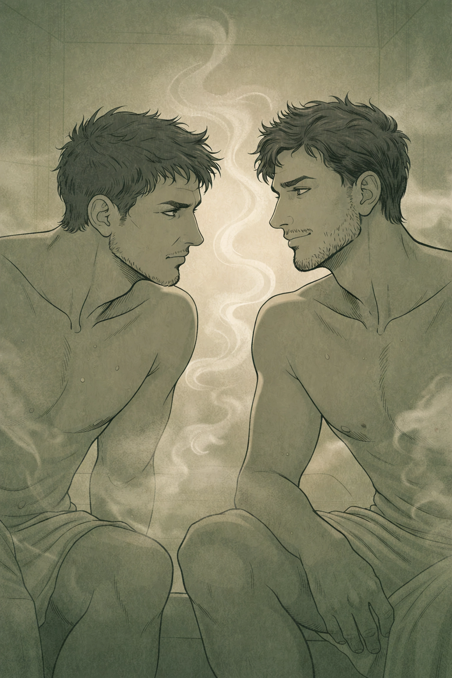 Two men exchanging intense glances in a steam room, capturing the tension central to MM romance