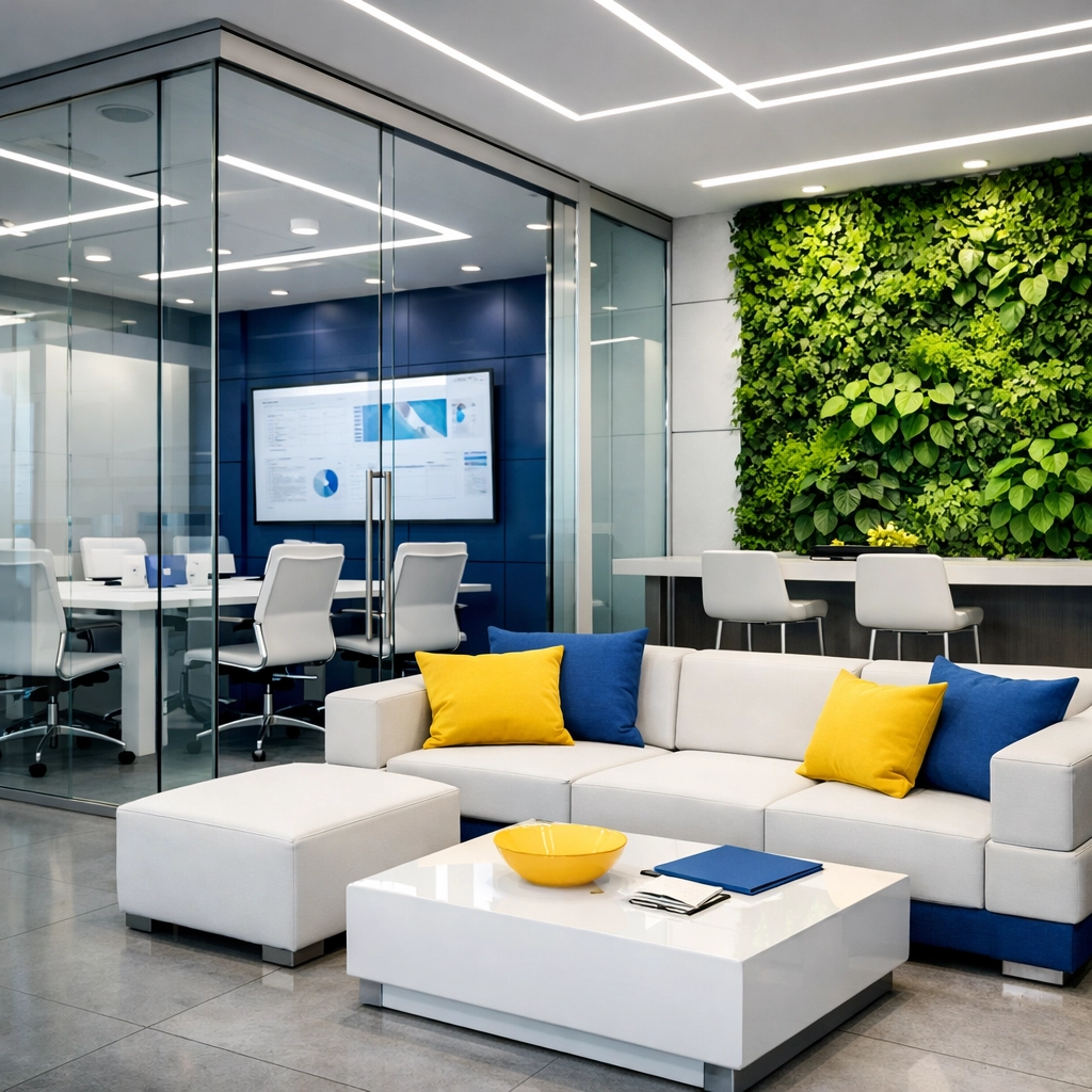 High-tech office collaboration zone with living wall maintained by professional office cleaning Worcester experts.