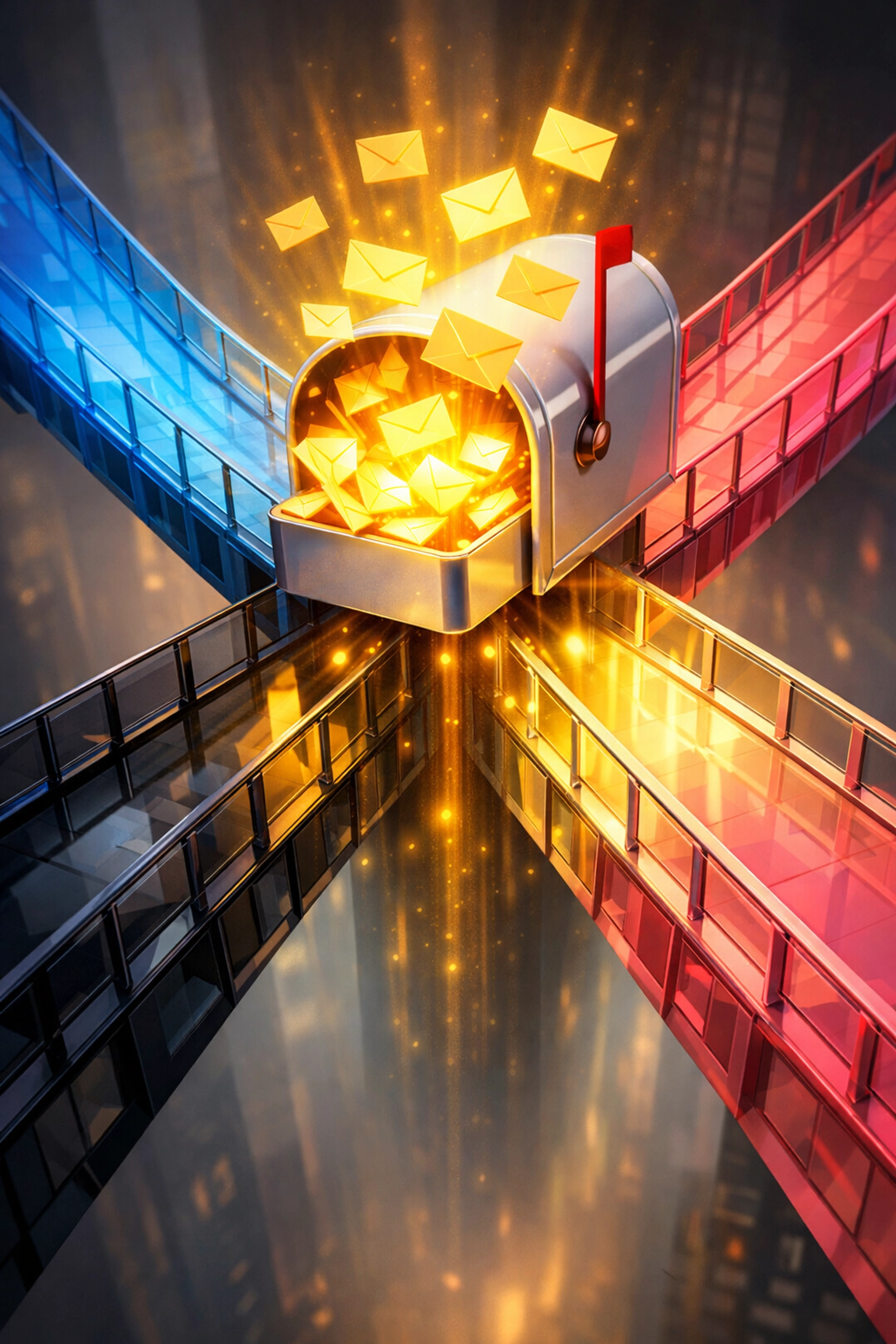 Colorful pathways converging into a mailbox representing social media traffic turning into newsletter subscribers.