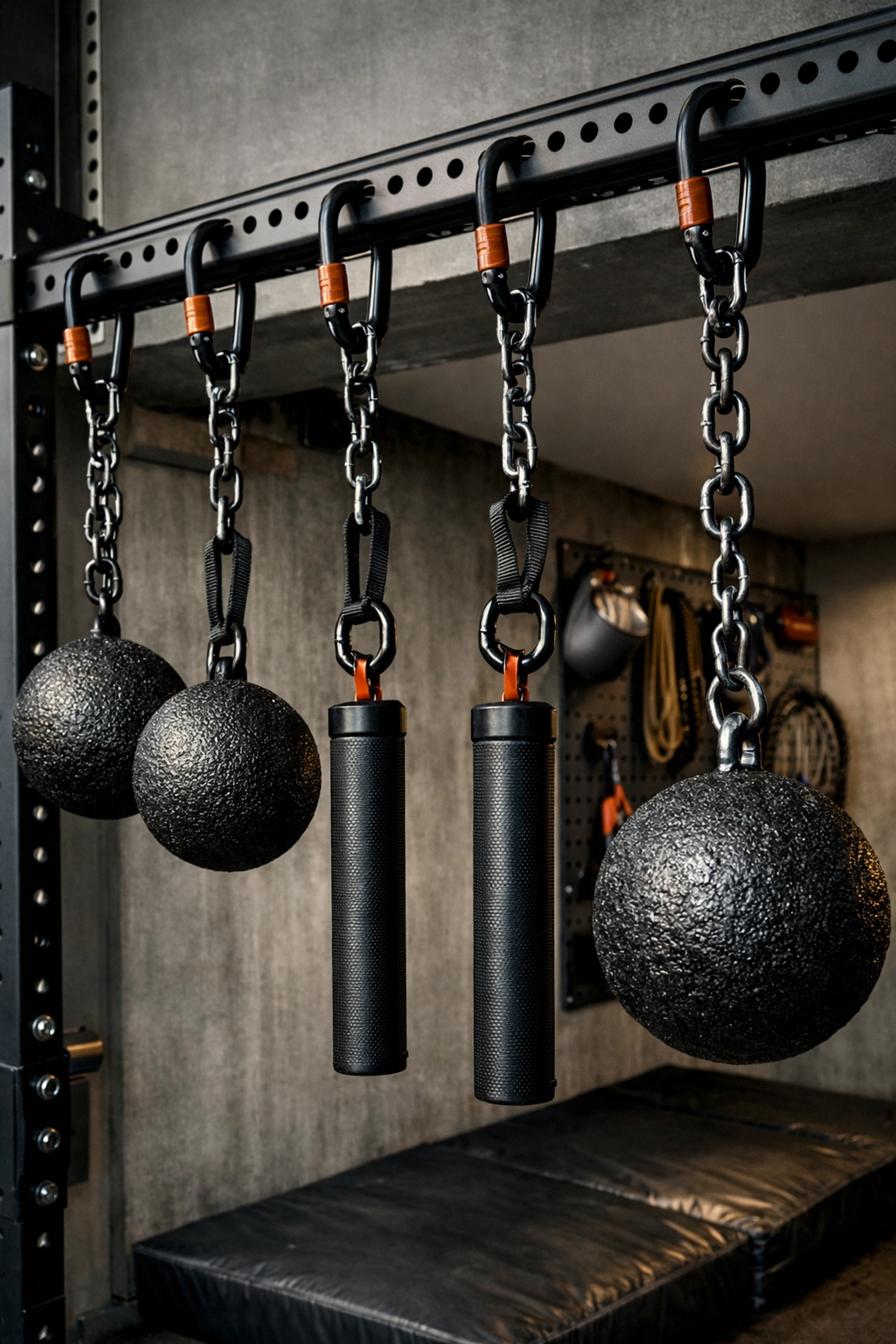 Ninja Warrior grip training attachments hanging from a professional crossfit home gym rail system.