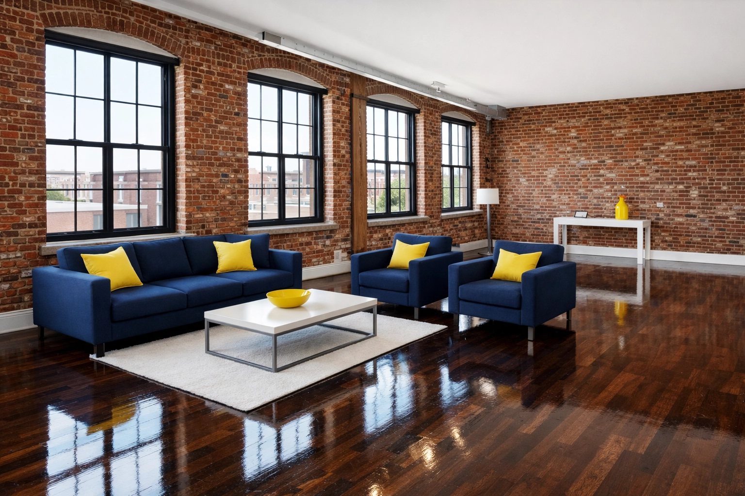 Pristine empty Lowell mill loft with red brick walls after professional move-out cleaning service.