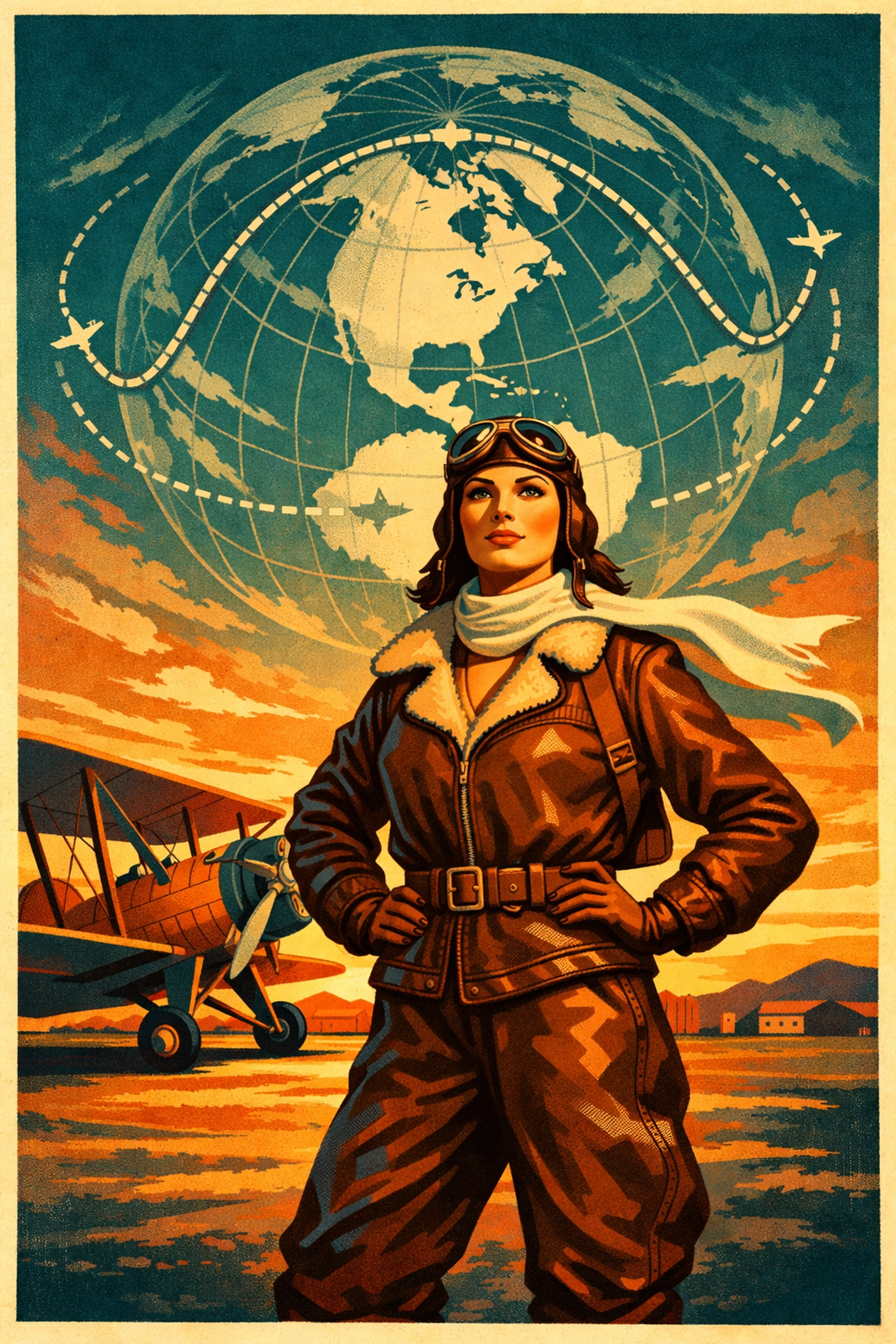 1930s female aviator with biplane and polar route map from LGBTQ+ literary epic Great Circle