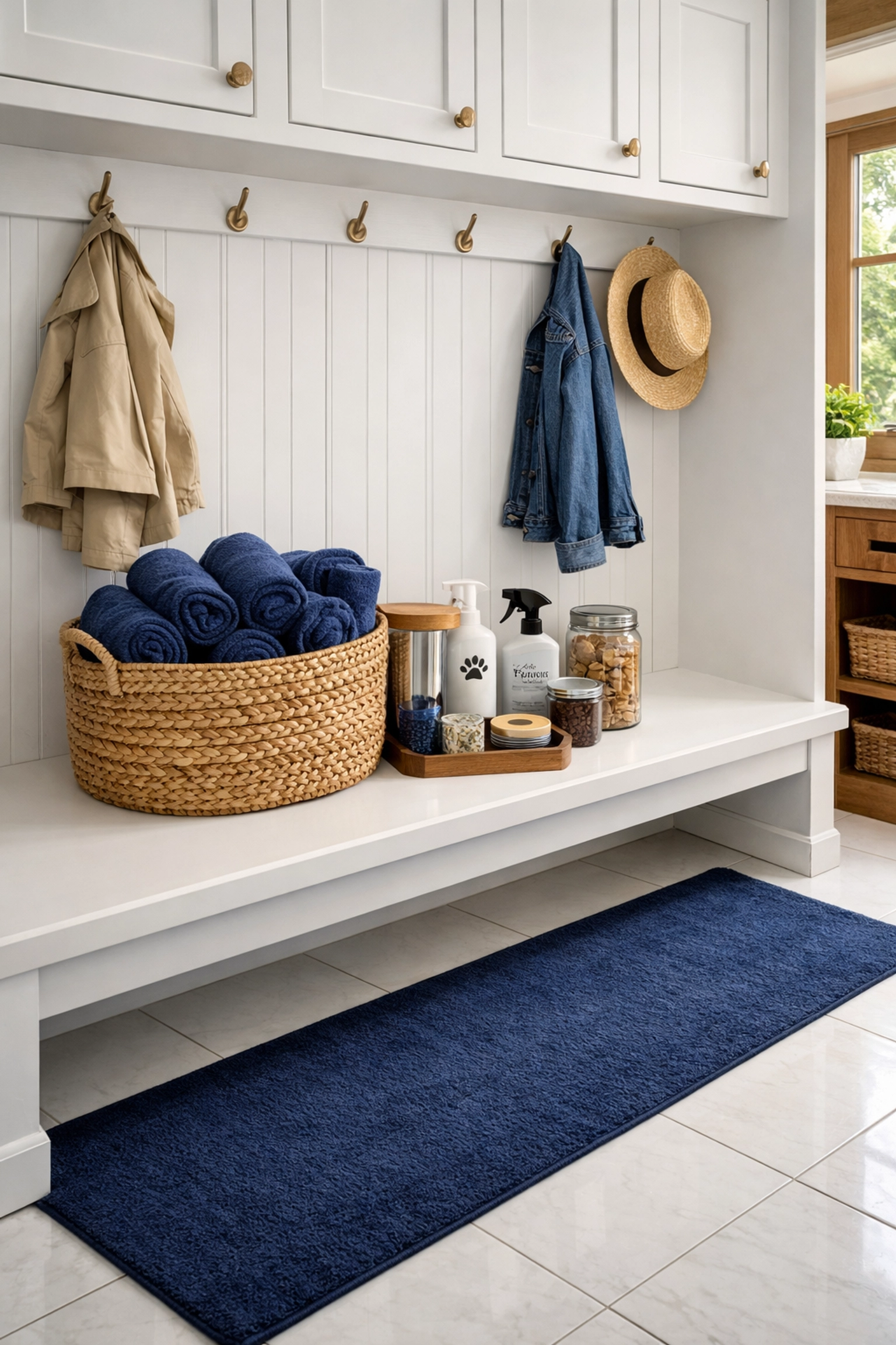 An organized Fitchburg mudroom with a clean pet station and pet-safe cleaning supplies.
