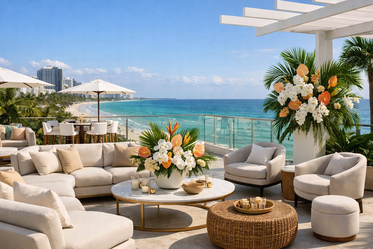 Brand photography miami featuring a luxury brand activation on a South Beach terrace.