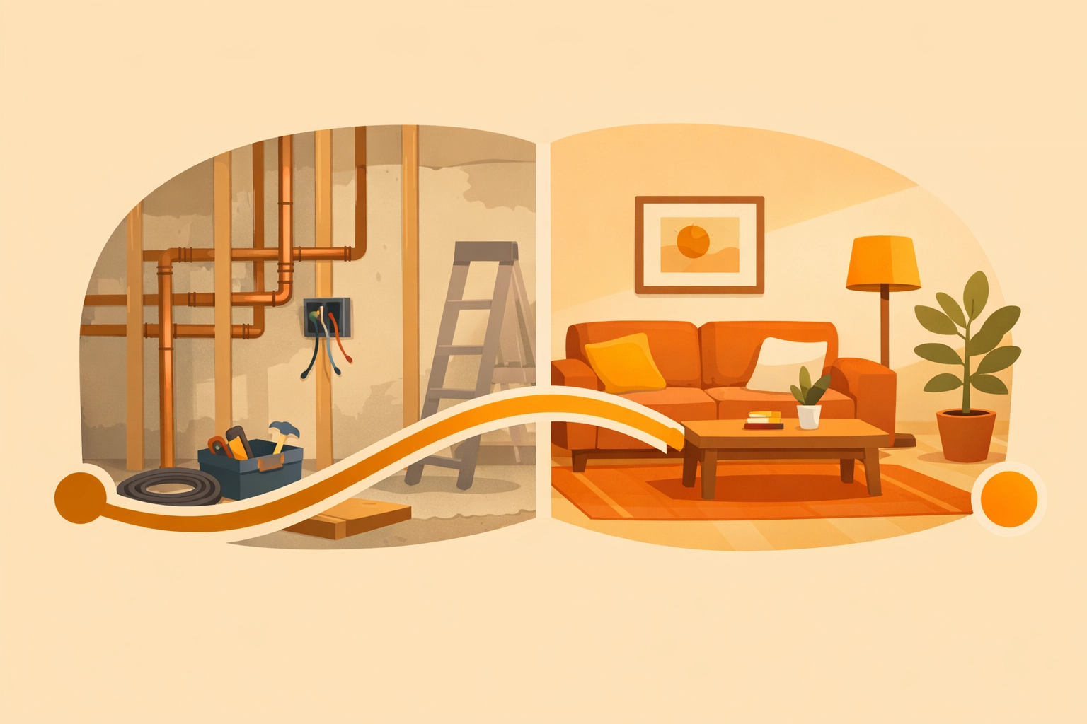 Visual before and after photo app timeline showing construction progress from rough-in to a finished room.