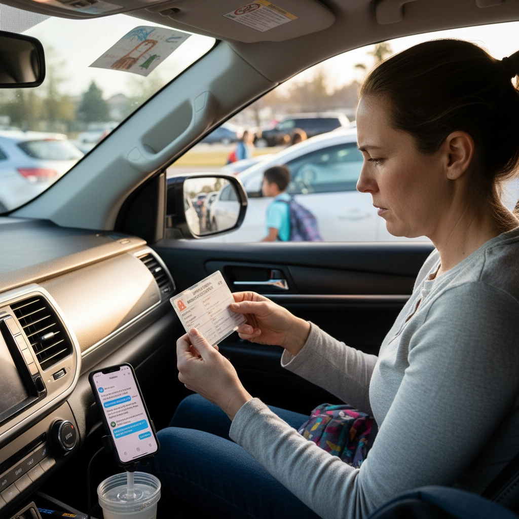 A picture of a woman sitting in the passenger seat in a car looking at an emergency card. A cell phone is sitting in a holder next to her. She appears to be in a school parking lot; you can see children with backpacks in outside of the car window. How to Create a Family Emergency Plan in 5 Minutes (Even with Crazy Schedules)