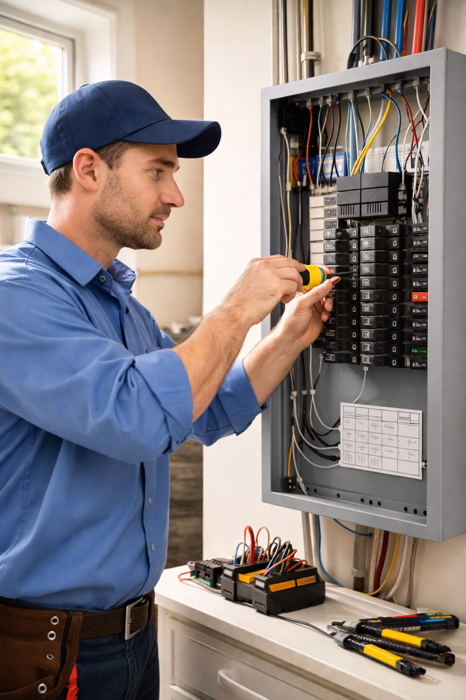 Licensed electrician installing new electrical panel in Howell home, emphasizing safe panel upgrades