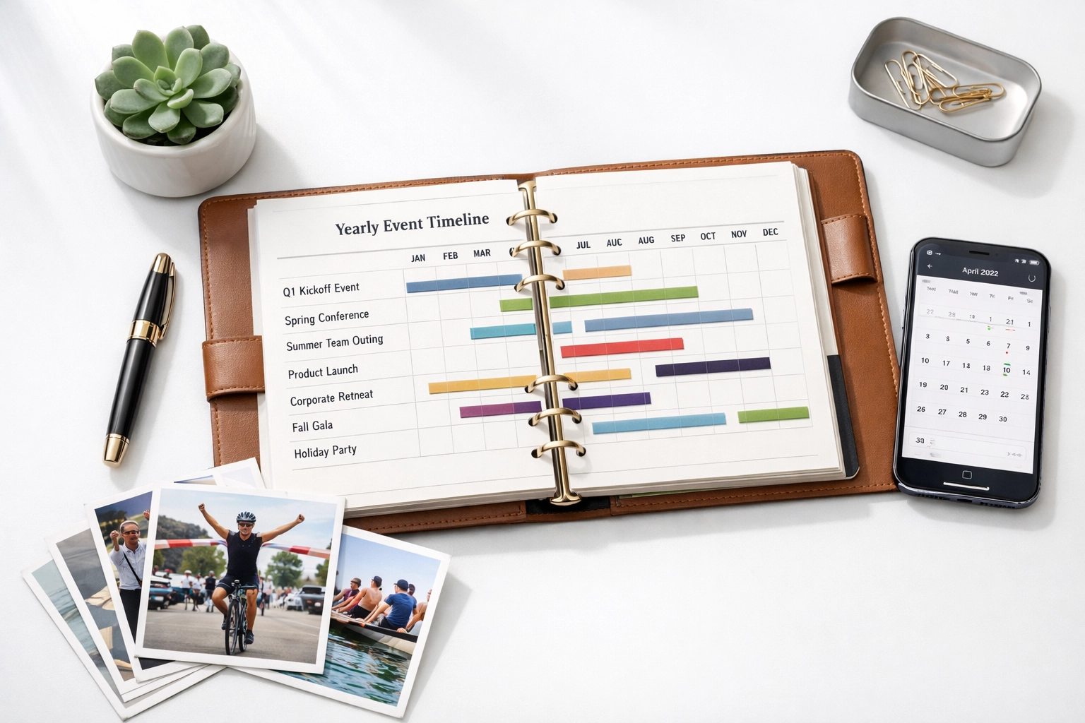 Event planner workspace with year-long timeline for corporate Super Bowl engagement strategy