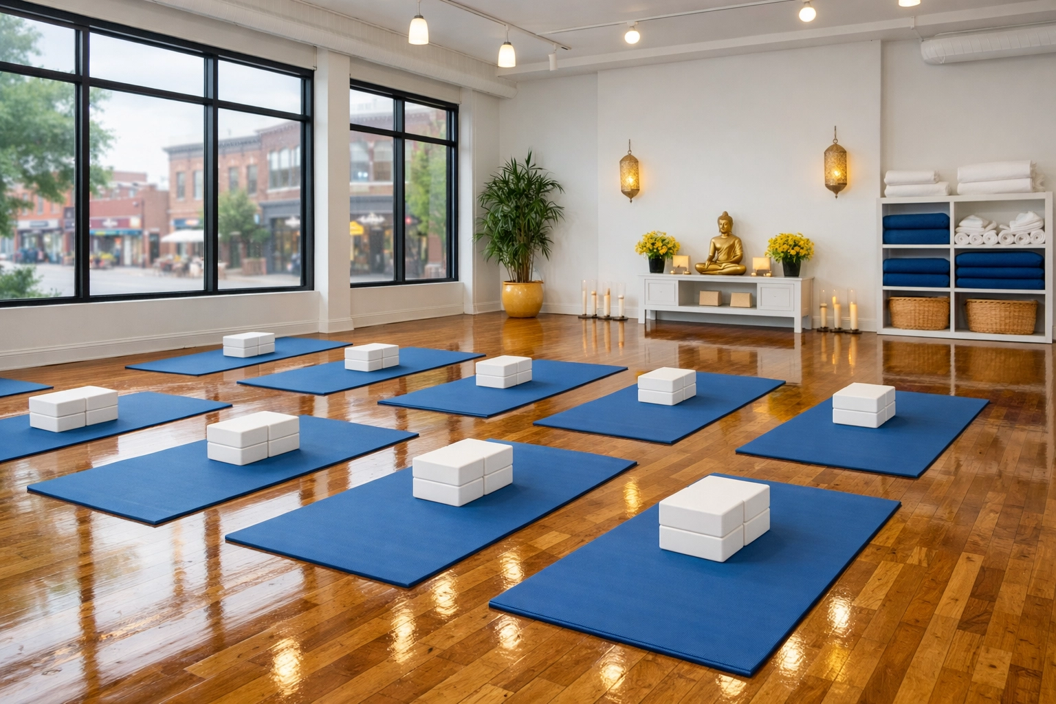 Impeccably clean Fitchburg yoga studio featuring polished hardwood floors and organized equipment.