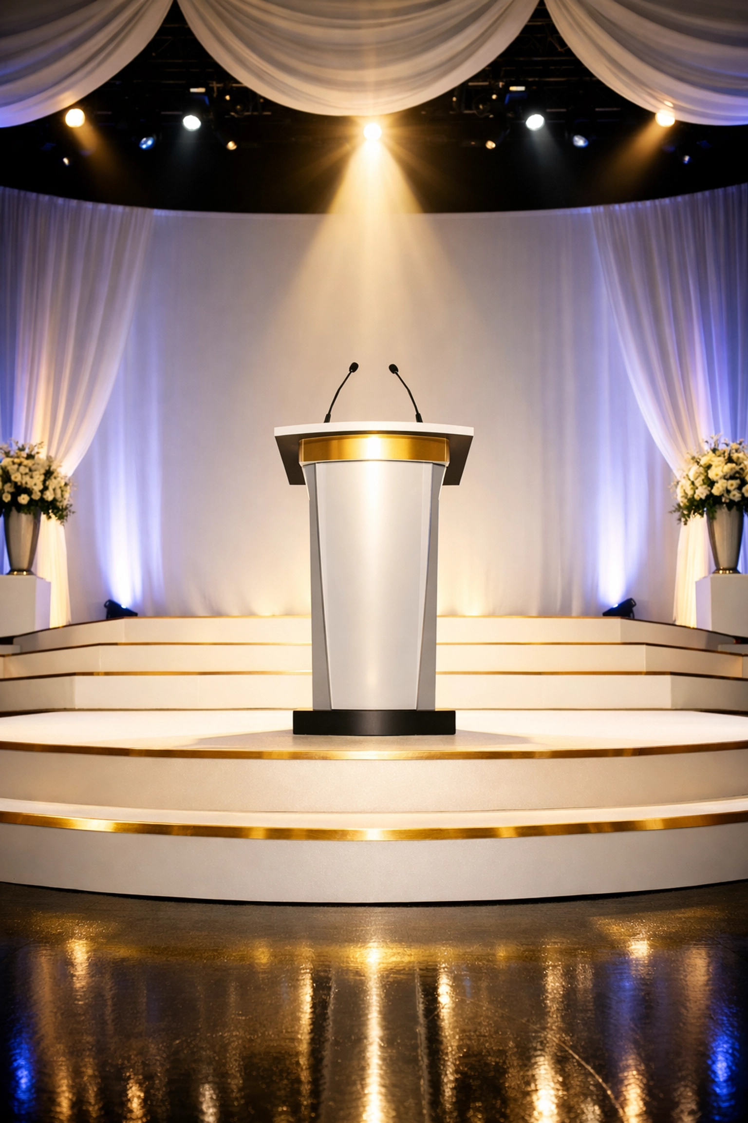 Professional stage and podium setup for charity gala with elegant lighting and risers
