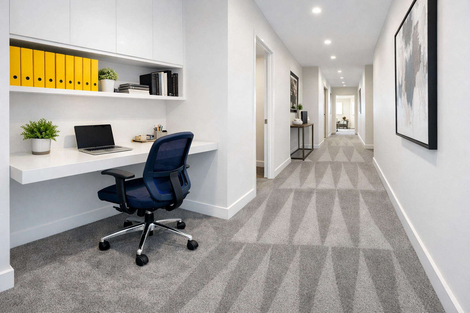 Spotless modern home office with vacuumed carpets after professional post-construction cleaning services.
