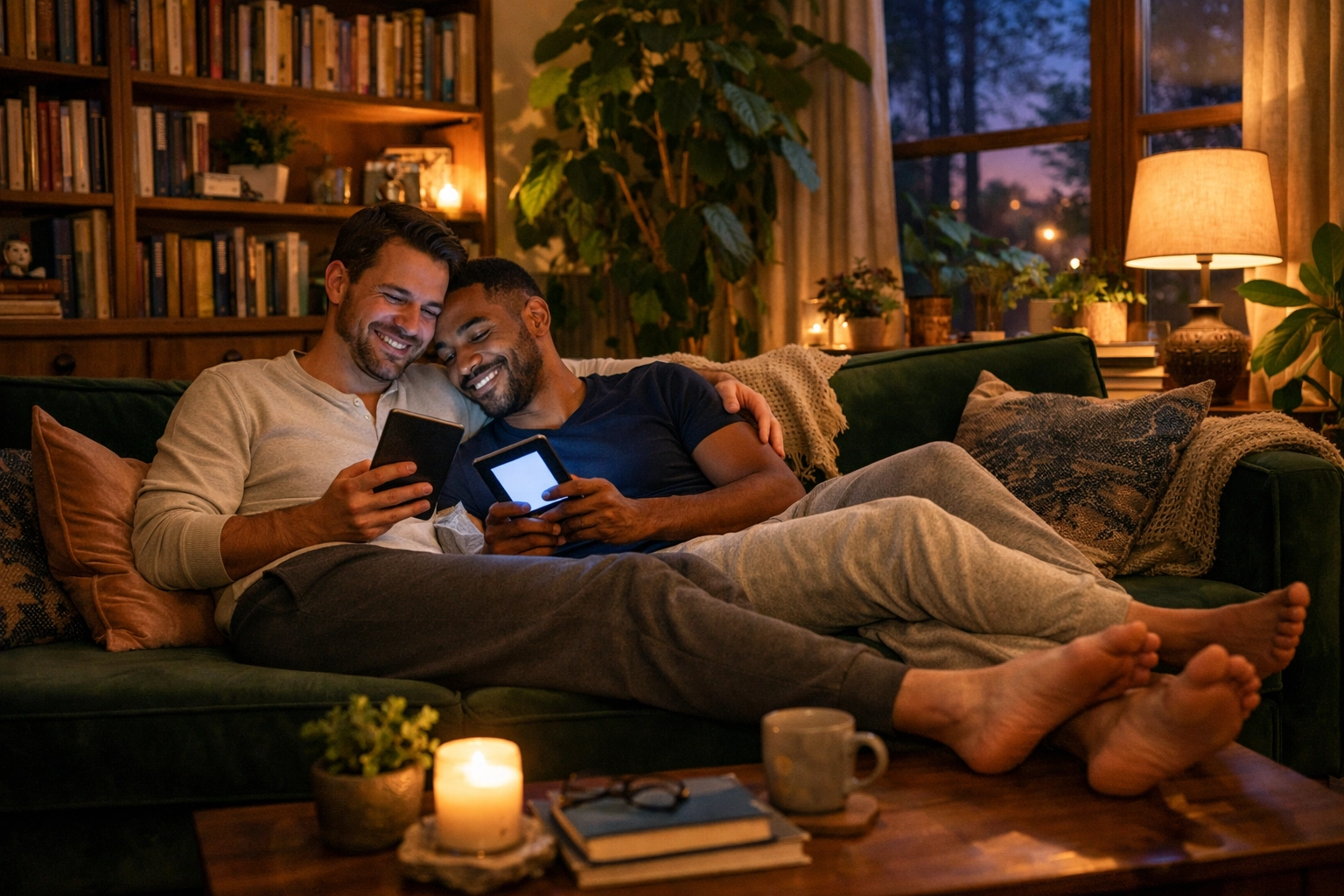 Two men reading the best MM romance books of 2026 together, celebrating queer joy and fiction.