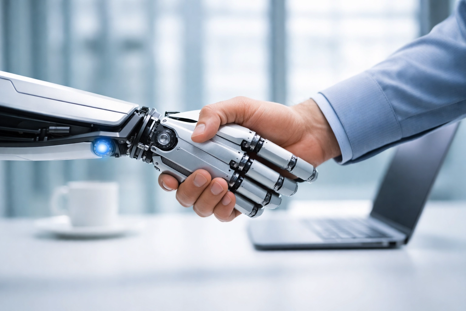 Robotic and human hands shaking over an office desk, symbolizing AI agents collaborating with small businesses