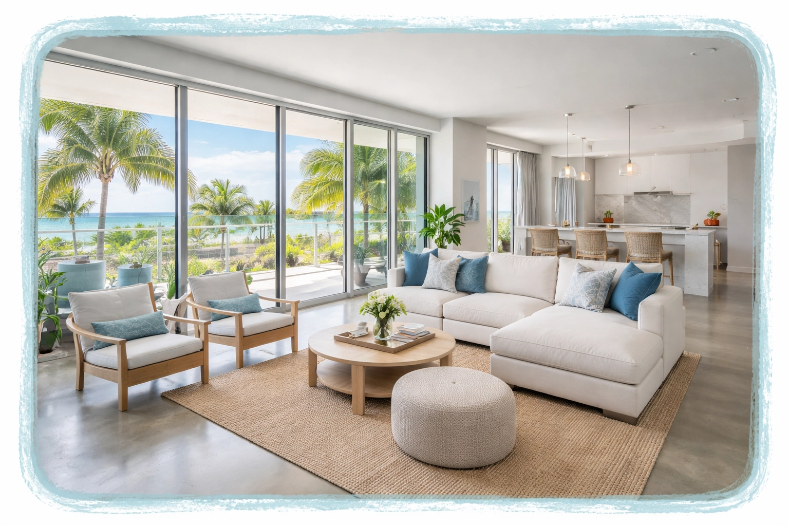 Modern Wilton Manors condo interior with natural light, luxury finishes, and tropical balcony views.