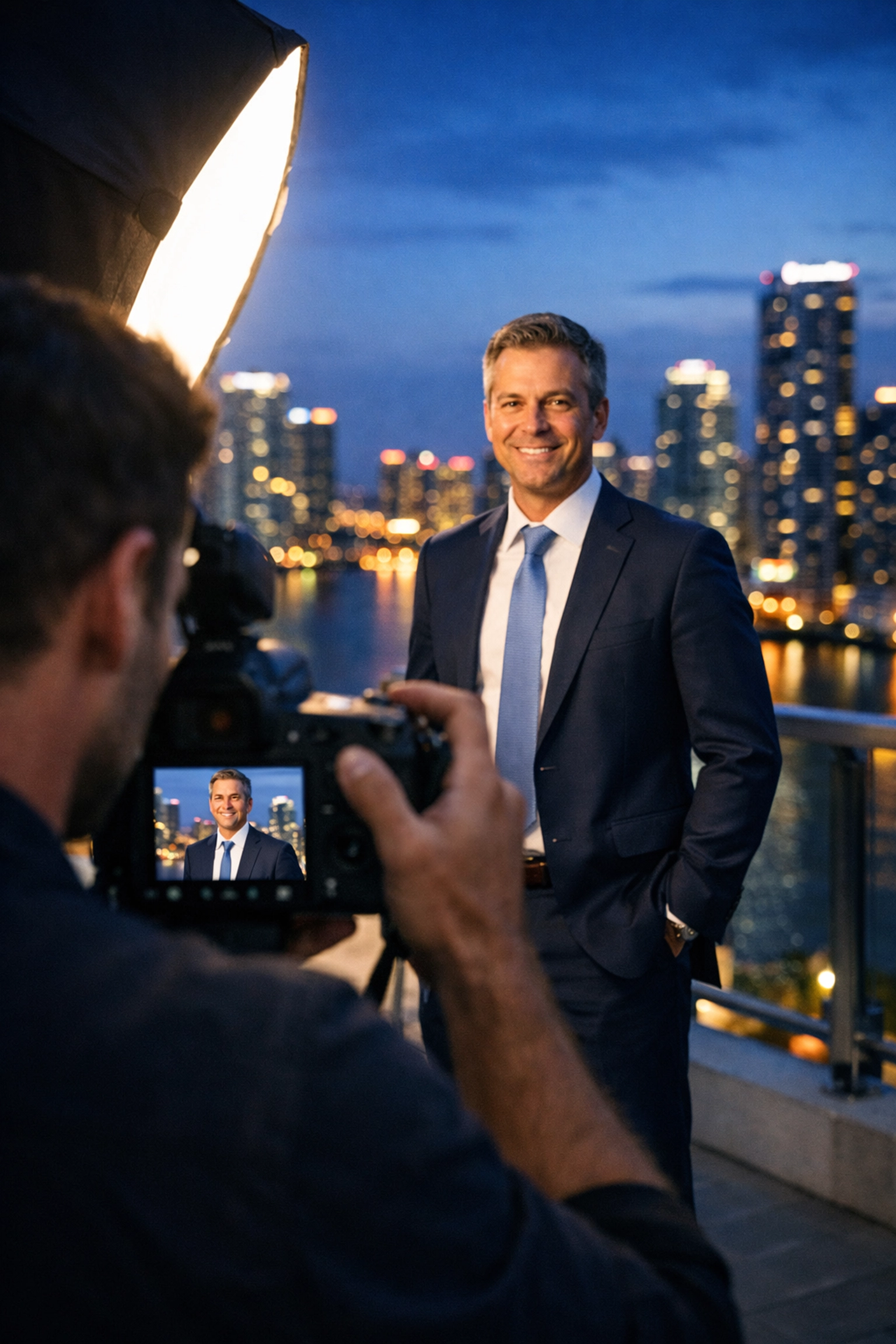Corporate photographer in Miami shooting an executive portrait on a Brickell rooftop with the city skyline behind.