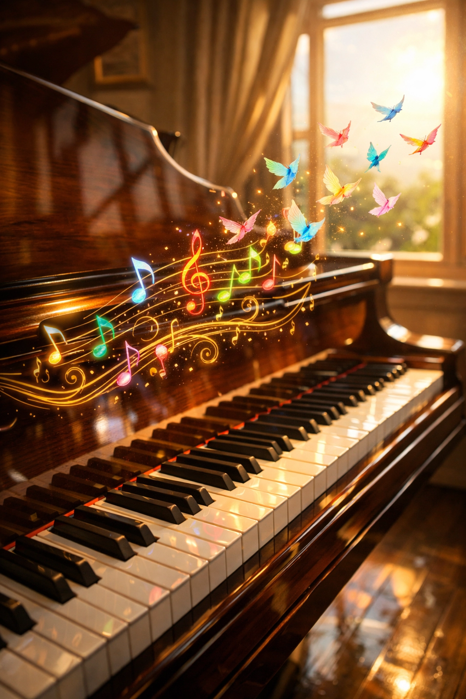 A piano keyboard with colorful musical notes turning into birds, representing the freedom of musical improvisation.