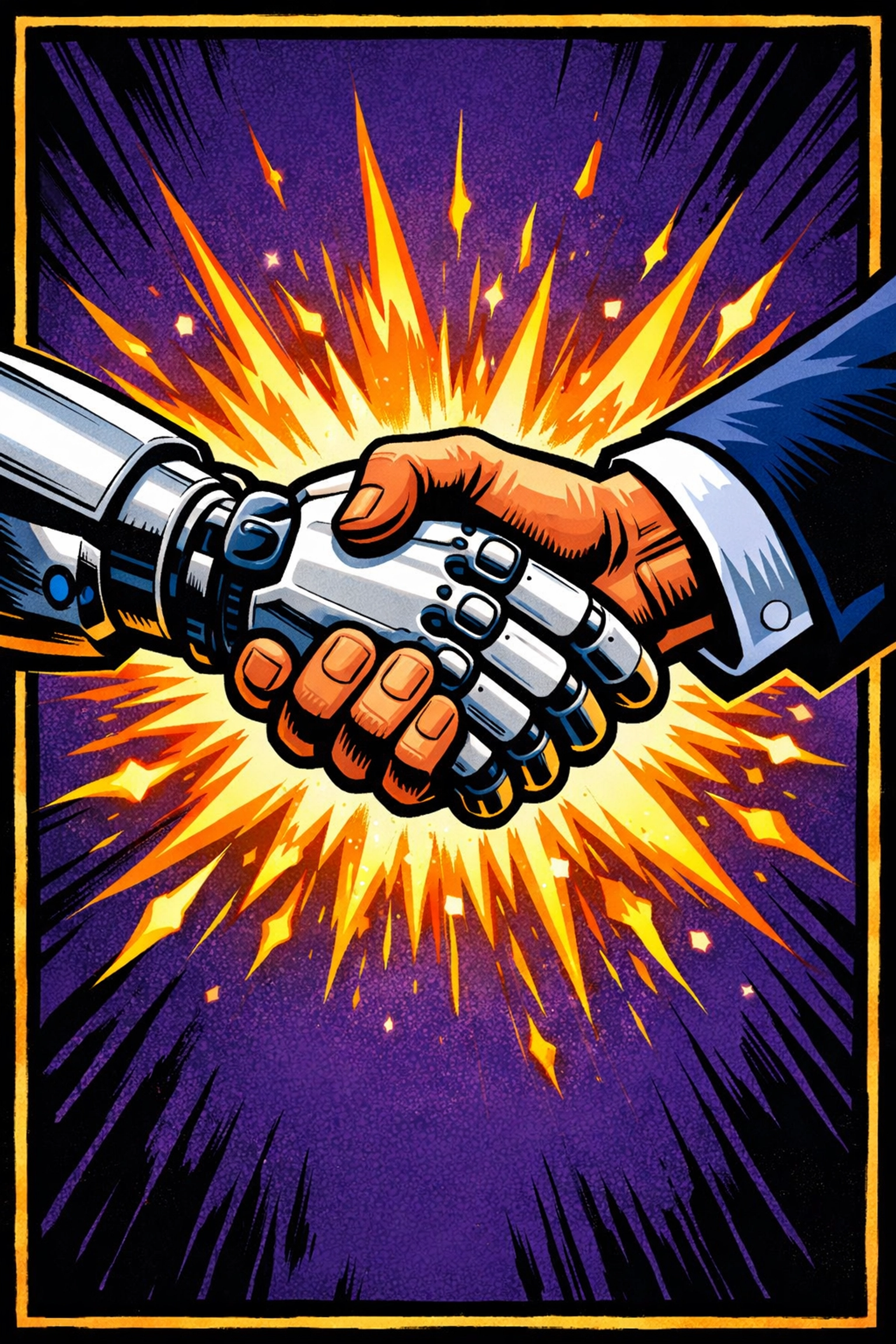 Robot and human handshake, representing a seamless partnership with an AI assistant for small business.