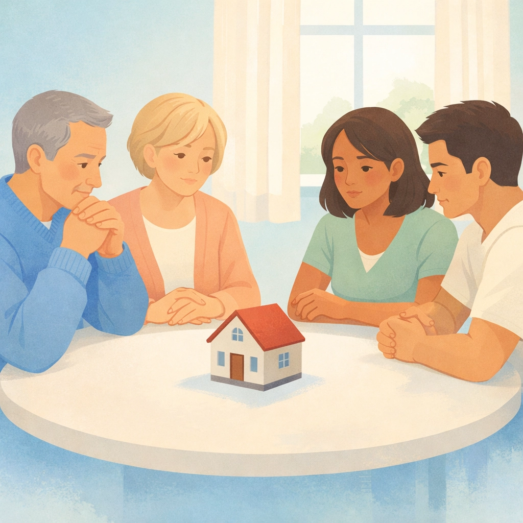 Family members discussing inherited house sale options and making decisions together