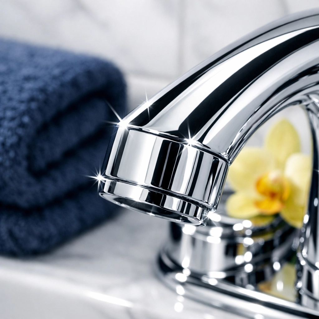 Close-up of a polished chrome bathroom fixture representing professional deep cleaning standards in Dunstable MA.