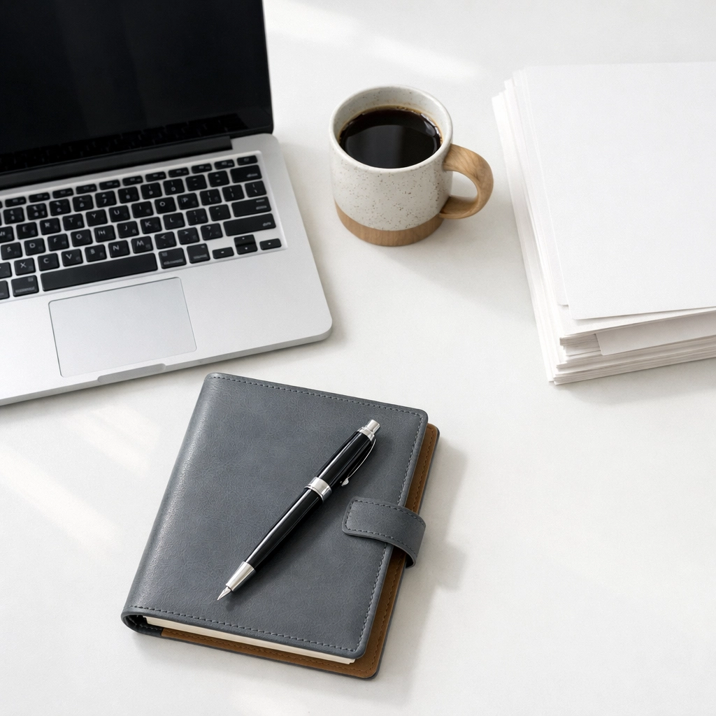 Organized desk with laptop and files for managing 2026 tax adjustments and gig worker documentation.