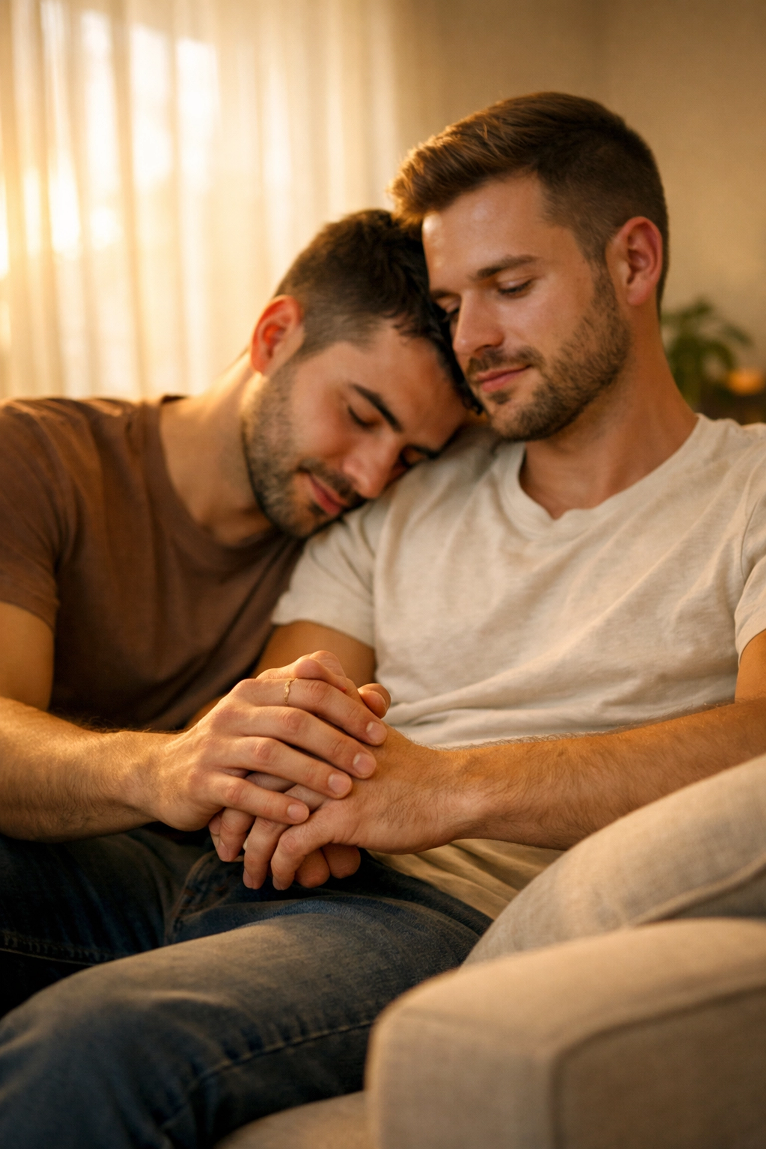 Two gay men sitting on a sofa in a sunlit room, sharing a moment of quiet support and queer healing.