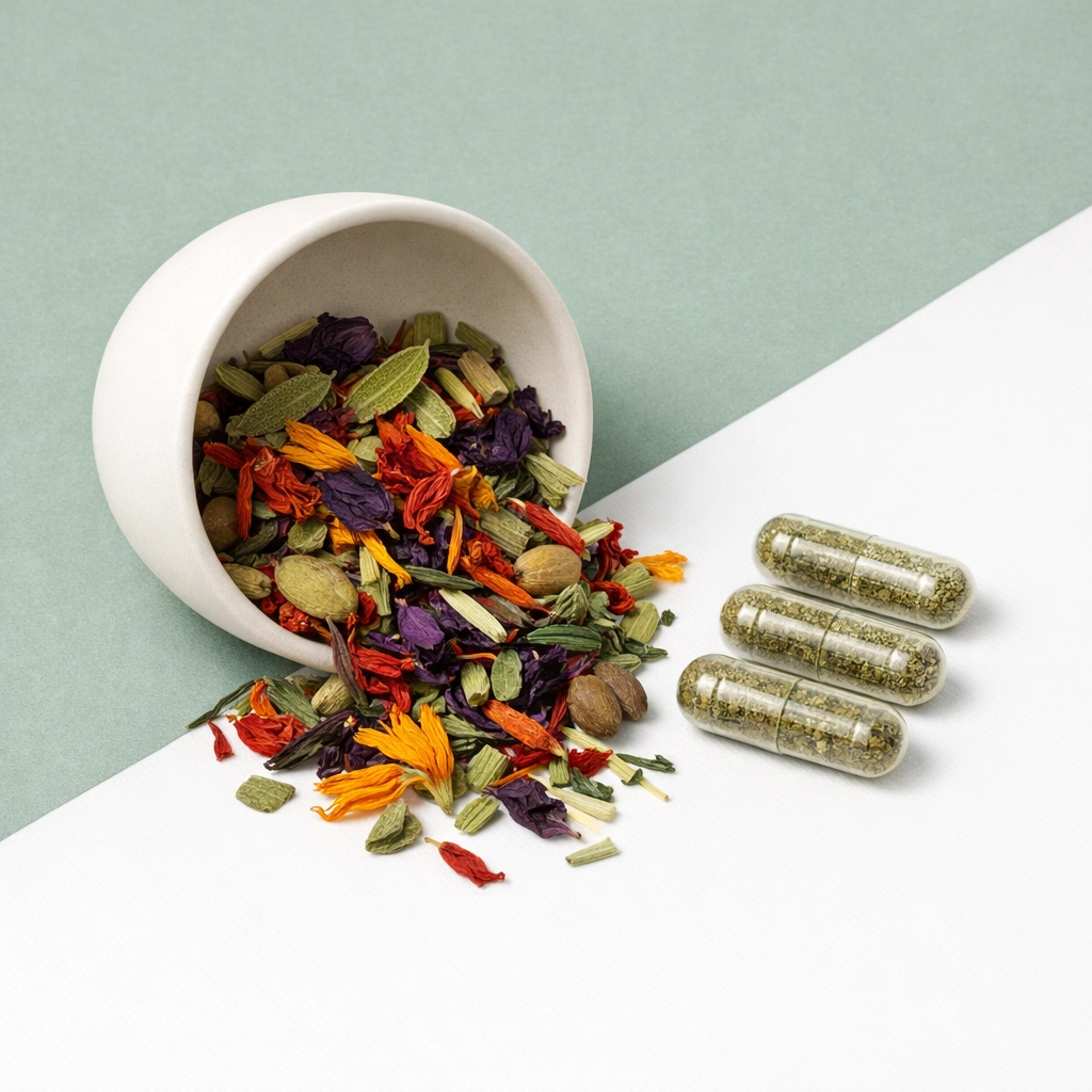 Fresh botanical herbs in a bowl next to high-quality herbal supplement capsules.
