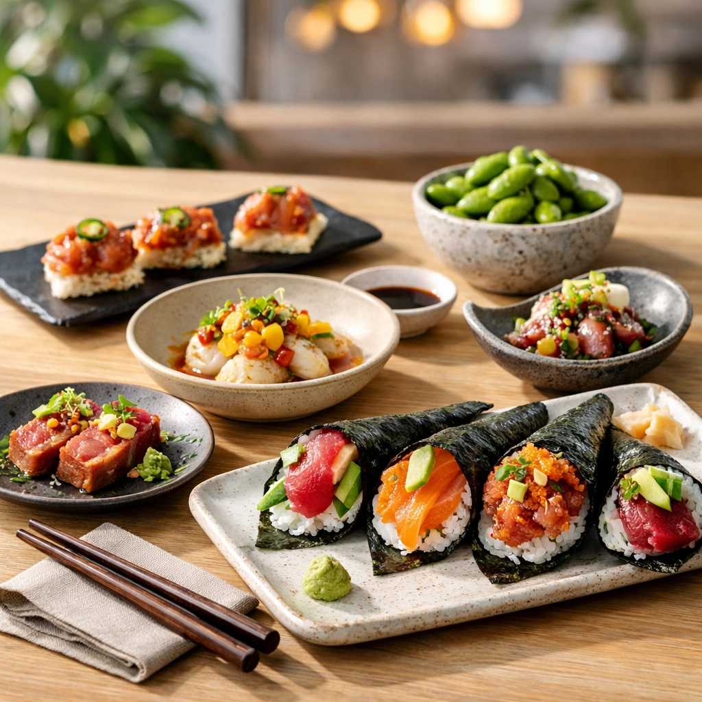 Modern Asian dining table with fresh sushi and small plates reflecting the polished-casual experience.