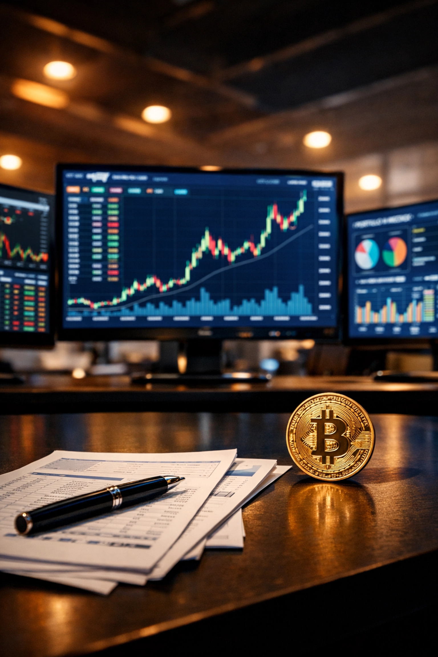 Institutional trading desk displaying Bitcoin charts alongside traditional asset management tools