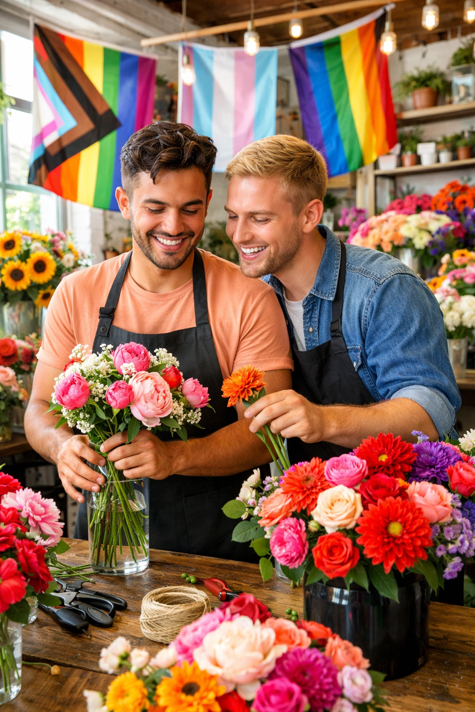 Modern LGBTQ+ couple running colorful queer-owned flower shop with pride flags