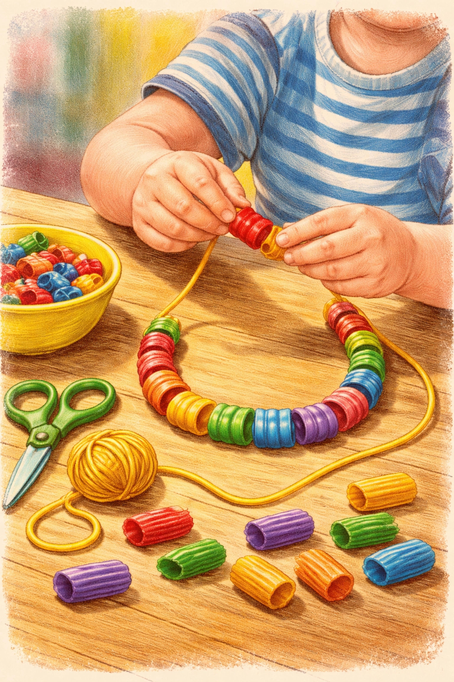 A child's hands threading colorful dyed pasta onto yellow yarn to make a pasta necklace, highlighting creativity and fine motor skills.