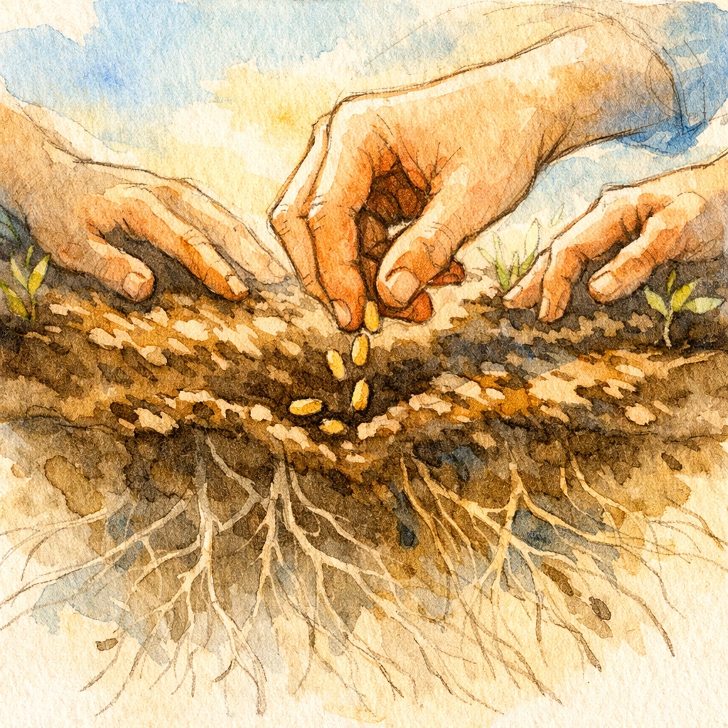 Hands planting seeds together in community garden symbolizing deep church roots and kingdom impact