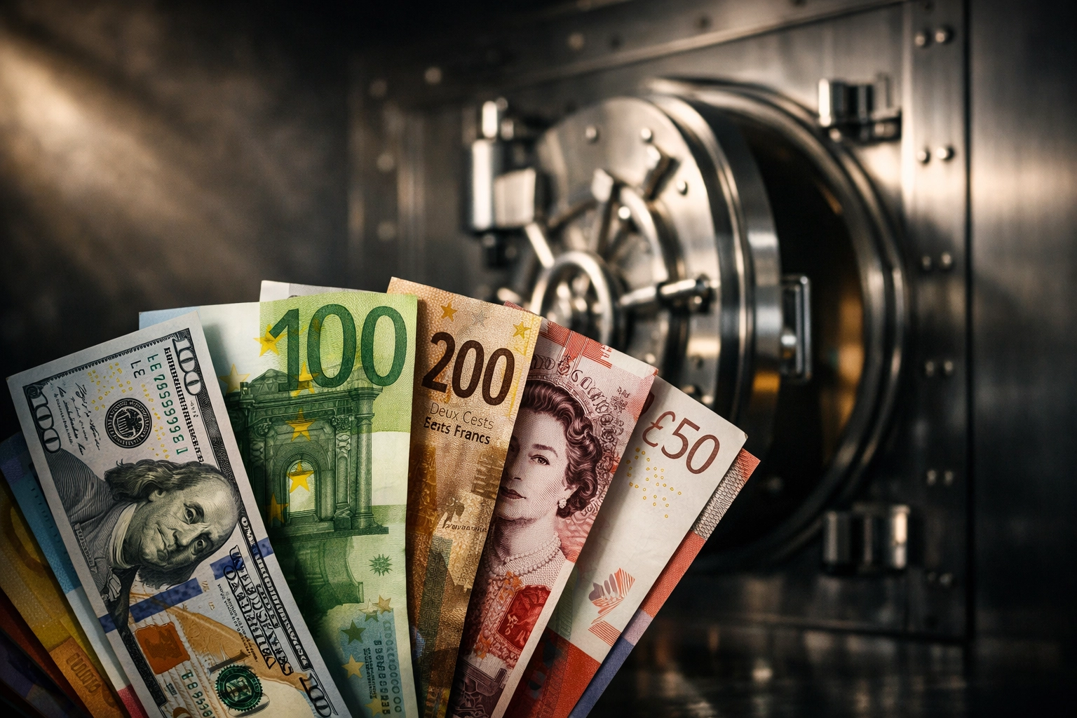 International currency diversification with US dollars, euros, and Swiss francs for wealth protection