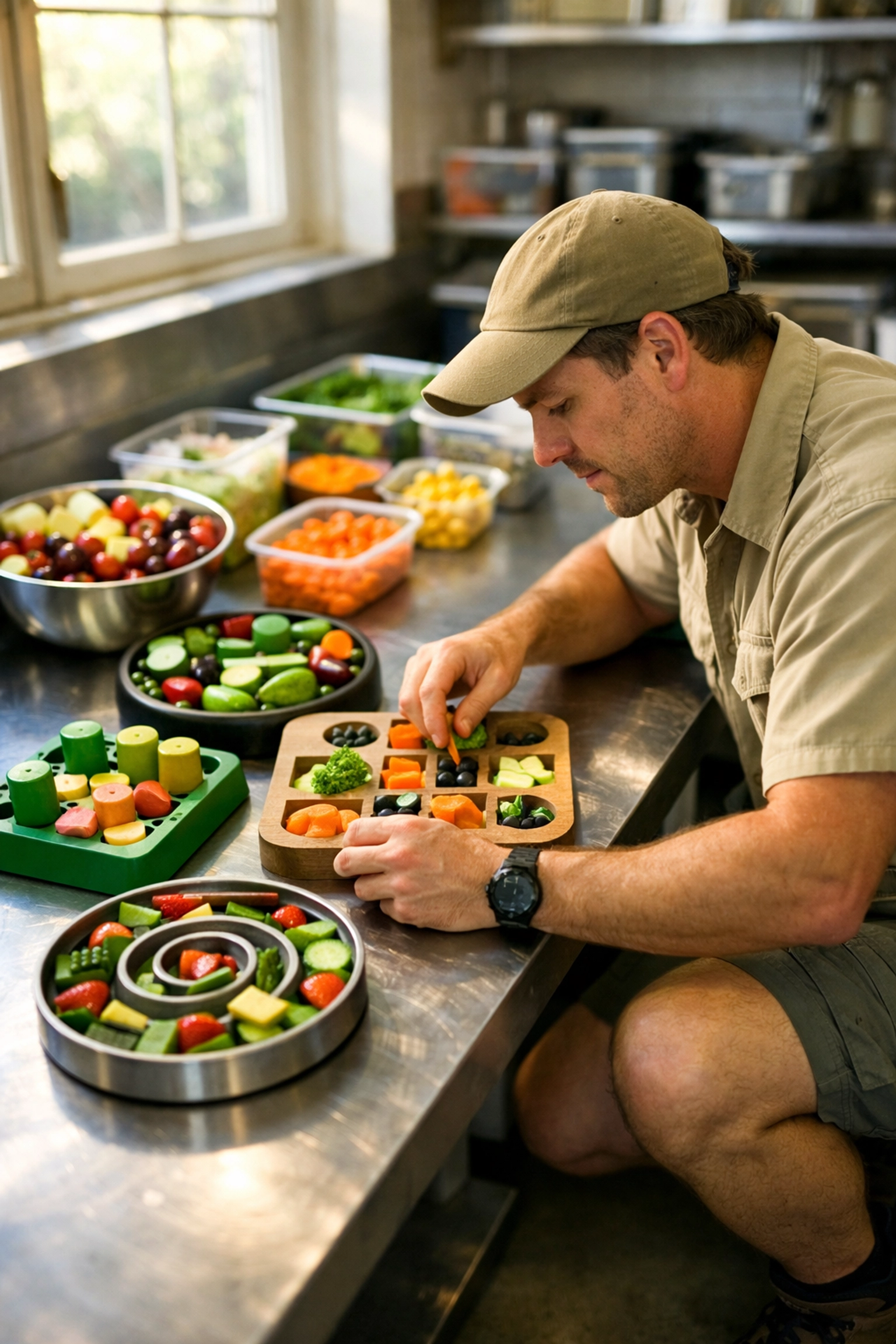 Zoo keeper preparing fresh food enrichment for animals in behind-the-scenes kitchen