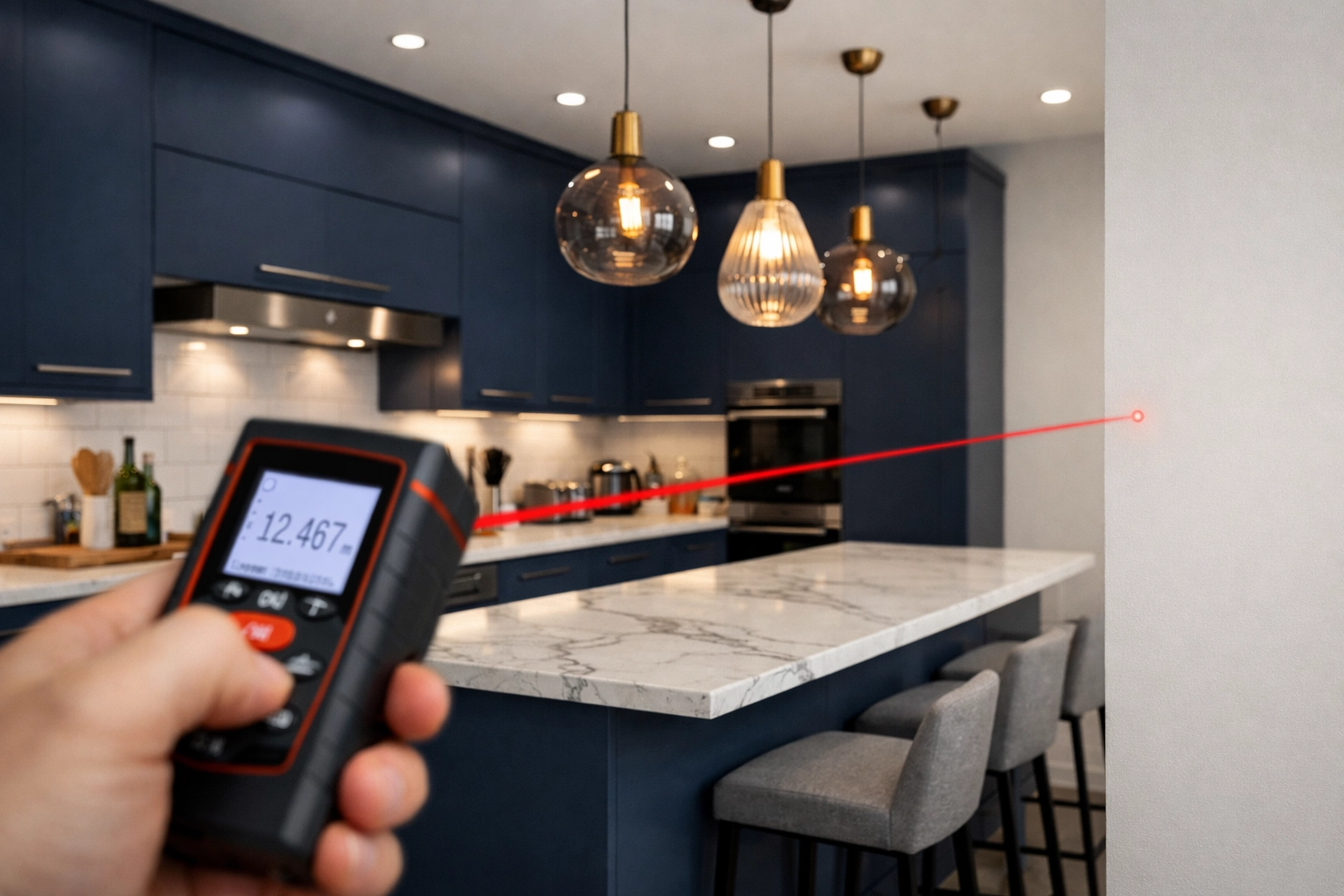 A high-end modern HMO communal kitchen being measured for a professional property valuation.