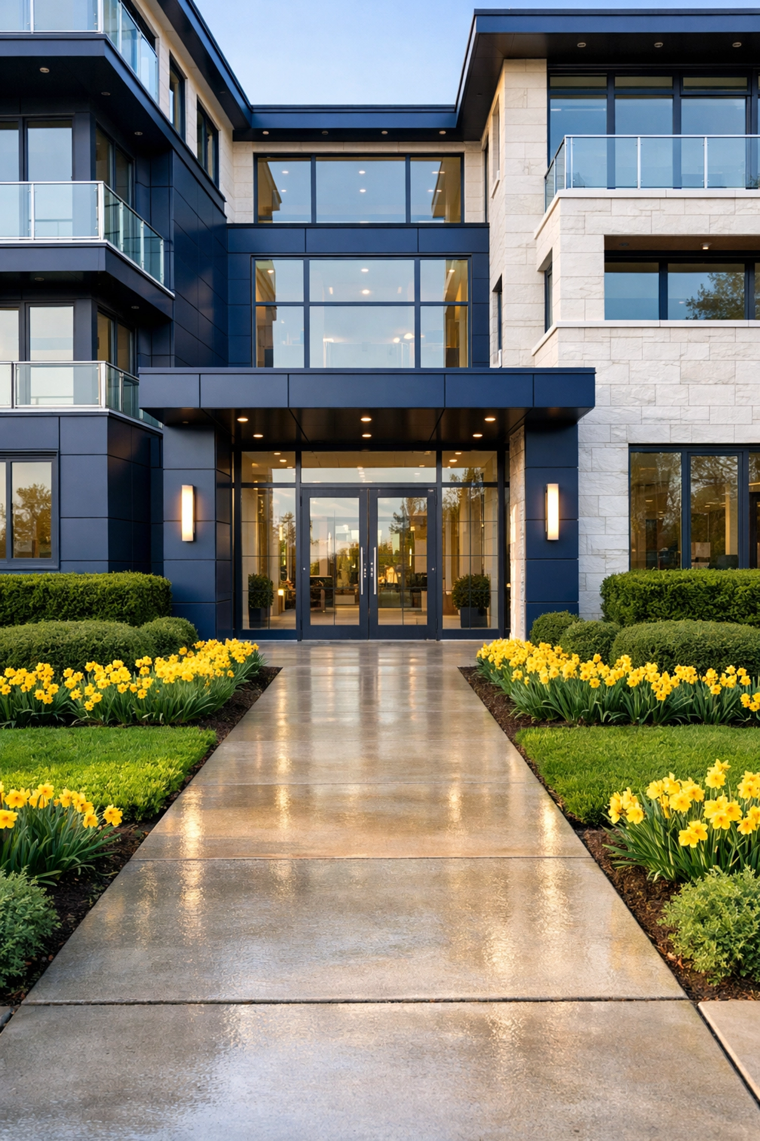 Curb appeal of a multi-unit property featuring clean walkways and spring flowers.