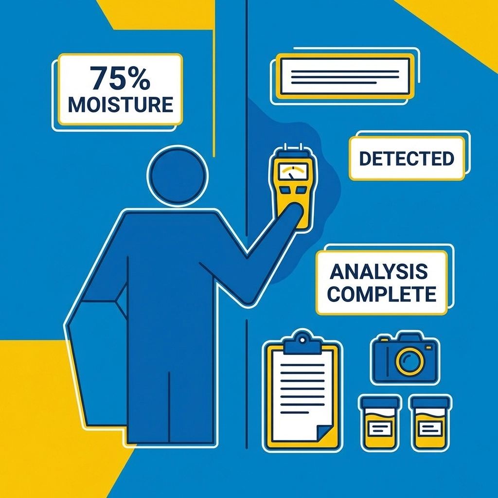 Mold assessment illustration showing a professional using a moisture meter and recording data during home inspection.
