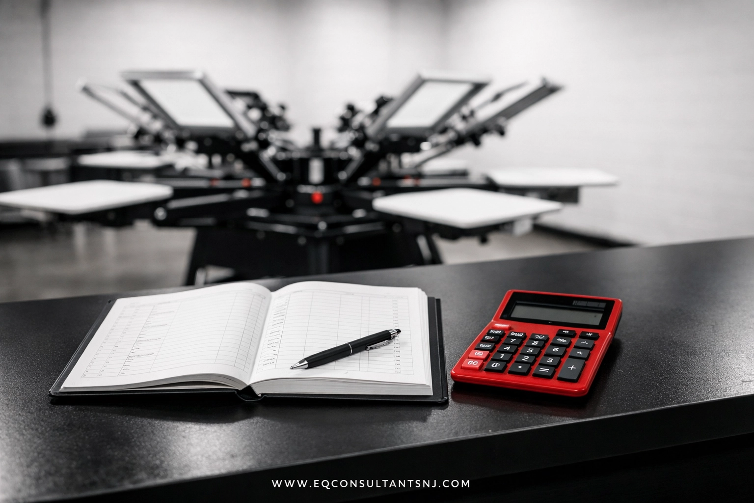 Financial ledger and calculator in an NJ screen printing shop for accurate job costing and profit tracking.