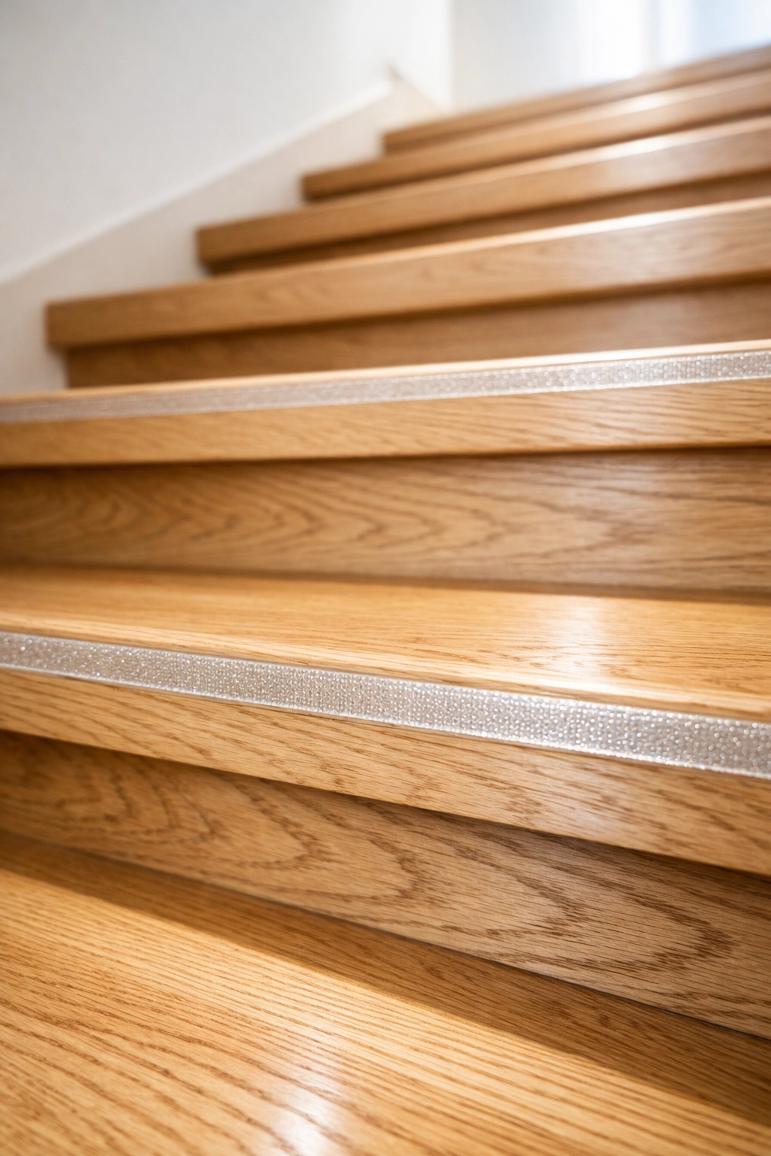 Close-up of wooden stair treads with transparent anti-slip strips on the edges for better grip.