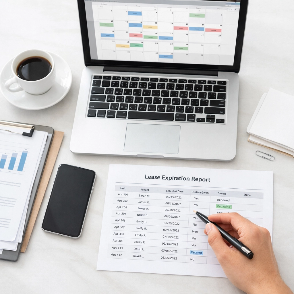 Property manager reviewing lease expiration calendar to stagger apartment turnovers