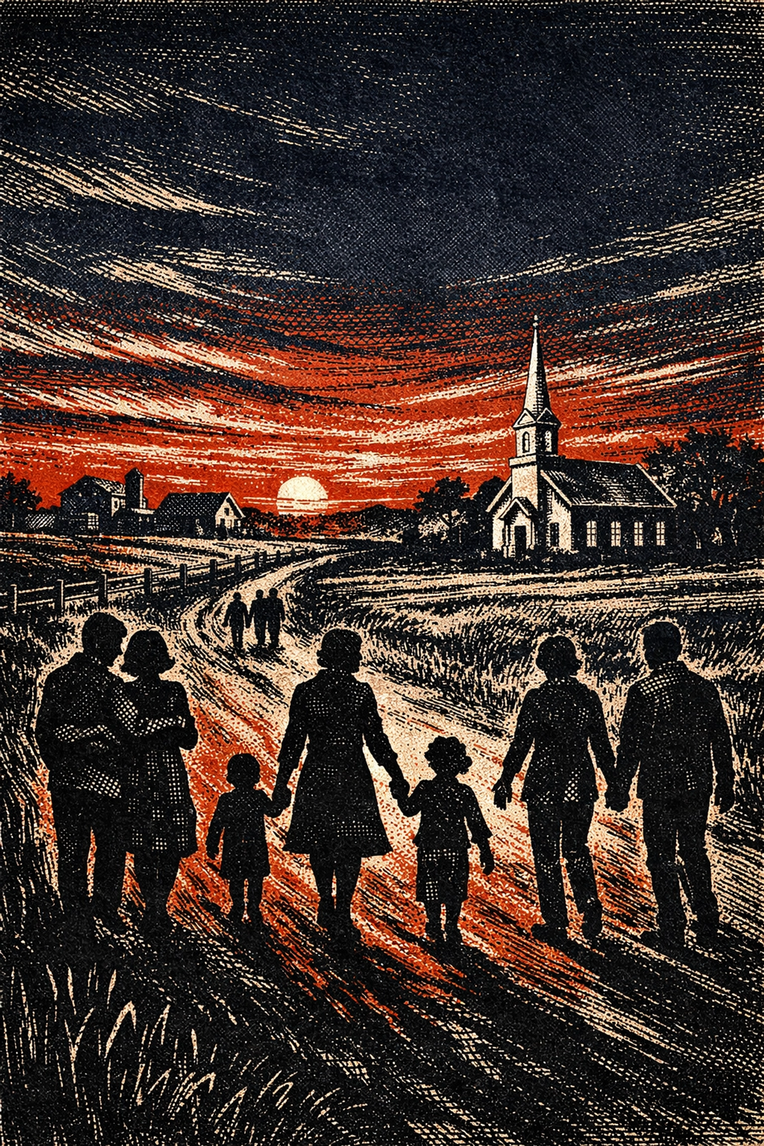Minnesota rural landscape with church steeple and families walking together on country road