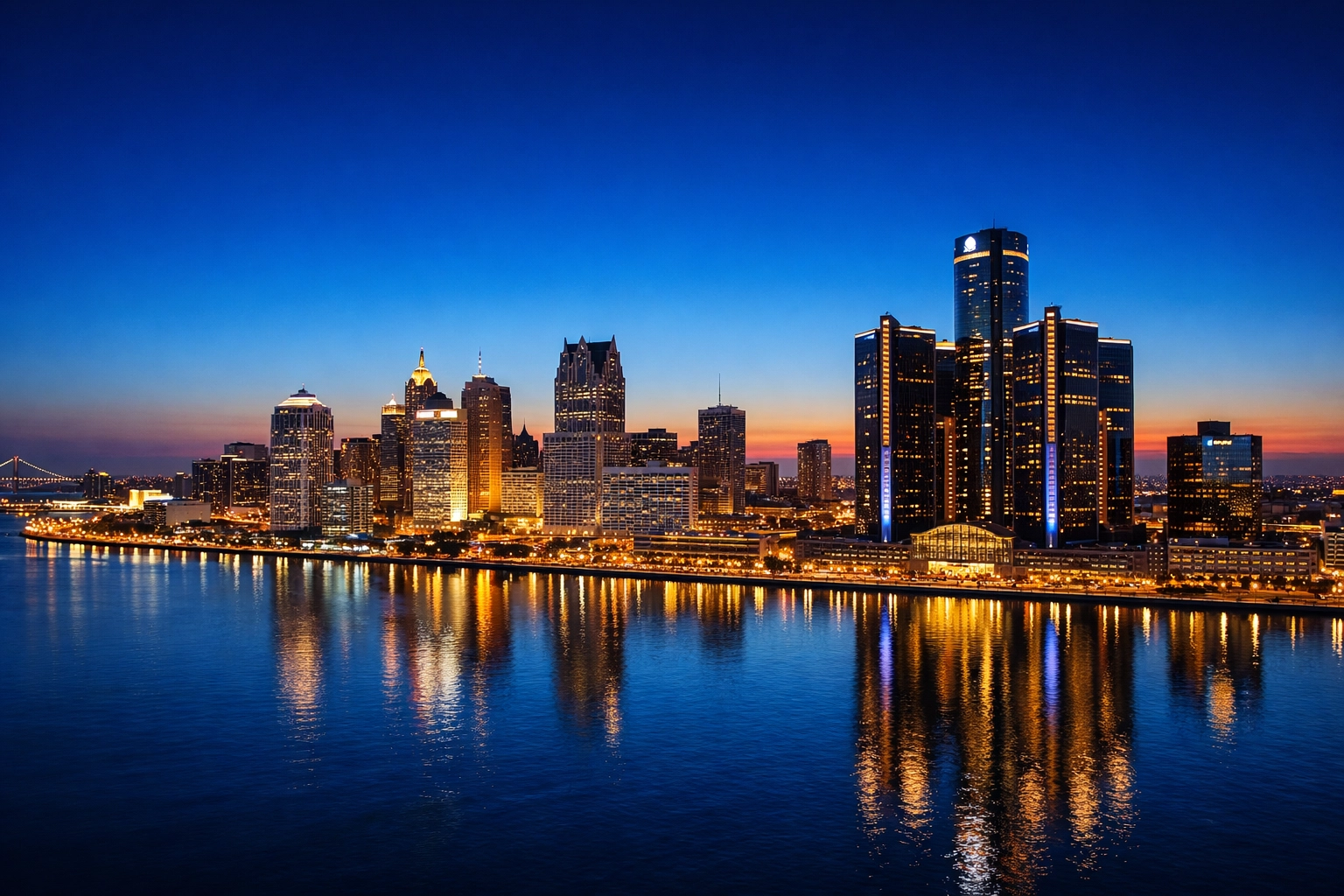 The Detroit skyline at dusk representing metropolitan authority for professional property managers.