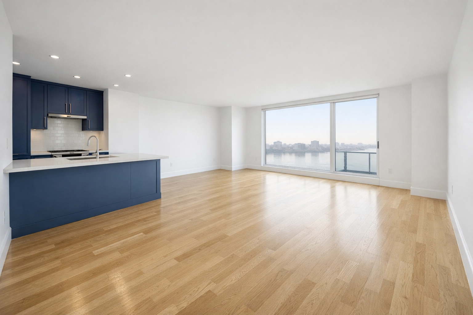Thorough move-out cleaning Cambridge for luxury apartments with sparkling white oak floors and countertops.